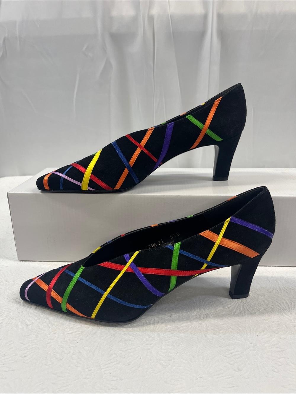 Black Suede Pumps with Multicolor Ribbon Accent